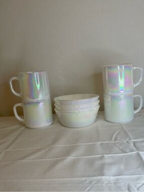 Vintage FEDERAL GLASS “Moon Glow” Iridescent Mug and Bowl Set
